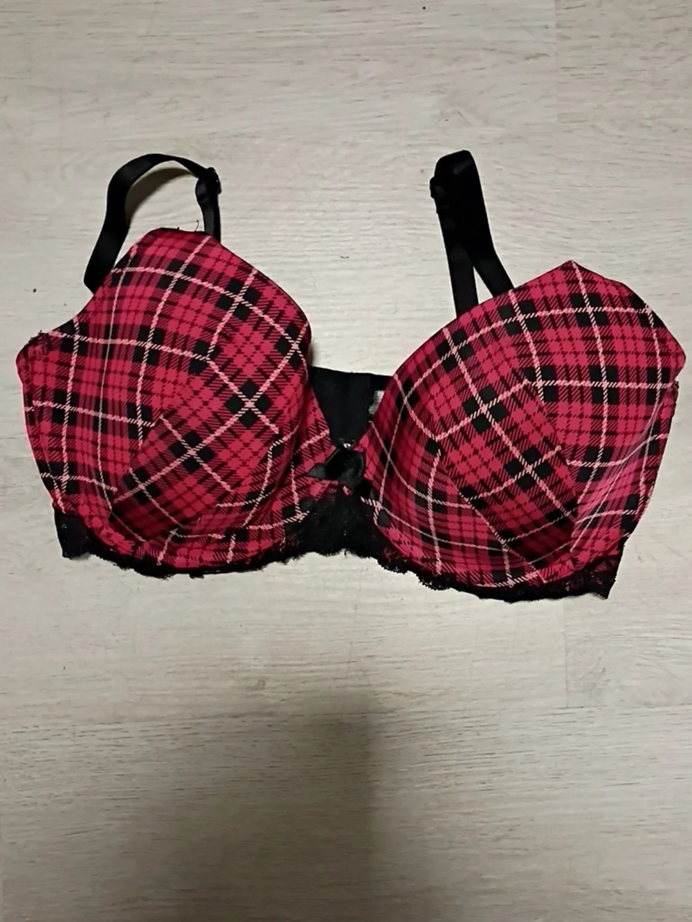 Red Plaid Push-Up Bra with Black Lace Trim